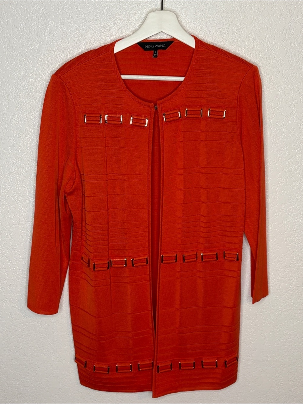 Ming Wang Vibrant Orange Single Hook Knit Jacket Rectangle Hardware Accents LG